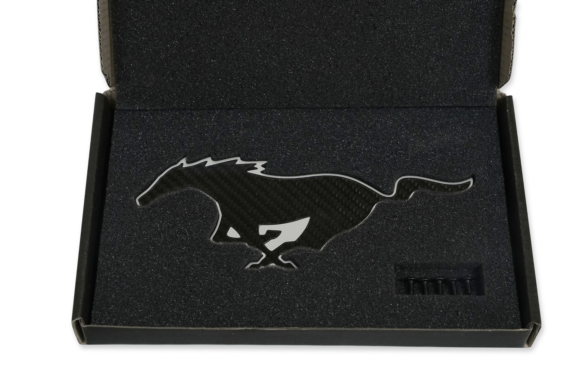 Billet aluminum backed carbon fiber Mustang emblem, rear view