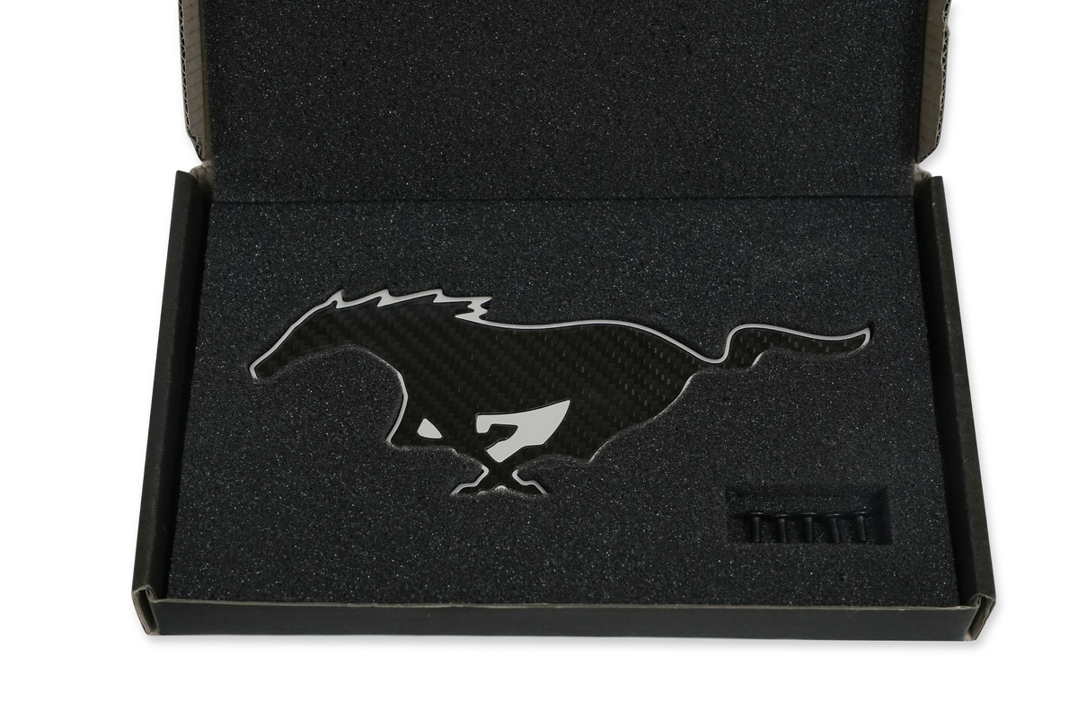 Billet aluminum backed carbon fiber Mustang emblem, rear view